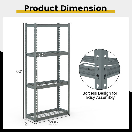 4-Tier Metal Shelving Unit with Anti-slip Foot Pad and Anti-tipping Device-Gray - Color: Gray - Image 4