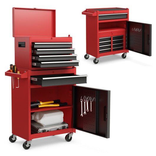 2-in-1 Tool Chest and Cabinet with 5 Sliding Drawers-Black & Red - Color: Black & Red - Image 4