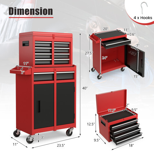 2-in-1 Tool Chest and Cabinet with 5 Sliding Drawers-Black & Red - Color: Black & Red - Image 5