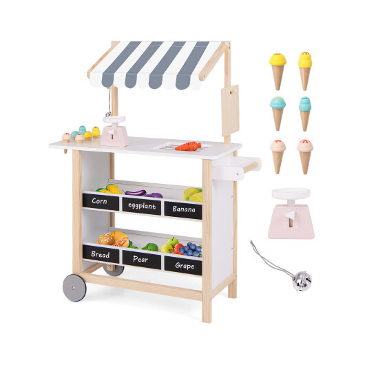 Kids Wooden Ice Cream Cart with Chalkboard and Storage for over 3 Years Old-White - Color: White