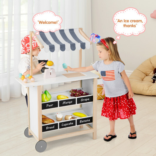 Kids Wooden Ice Cream Cart with Chalkboard and Storage for over 3 Years Old-White - Color: White - Image 3