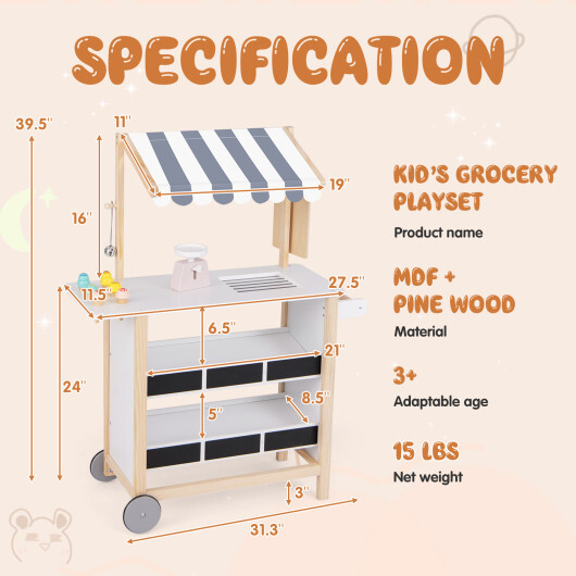 Kids Wooden Ice Cream Cart with Chalkboard and Storage for over 3 Years Old-White - Color: White - Image 5