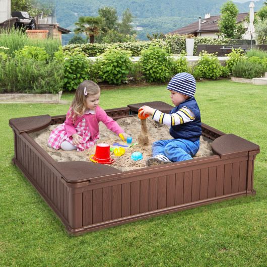 Kids Outdoor Sandbox with Oxford Cover and 4 Corner Seats-Brown - Color: Brown - Image 2