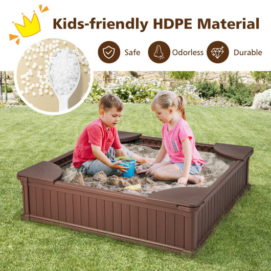 Kids Outdoor Sandbox with Oxford Cover and 4 Corner Seats-Brown - Color: Brown - Image 3