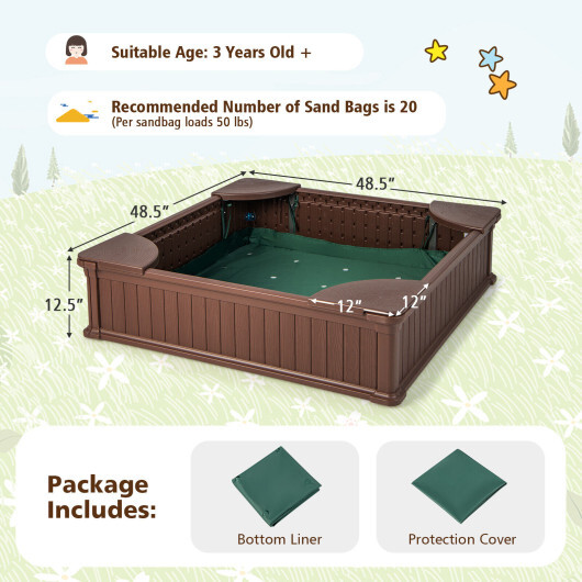 Kids Outdoor Sandbox with Oxford Cover and 4 Corner Seats-Brown - Color: Brown - Image 4
