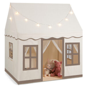Toddler Large Playhouse with Star String Lights-Brown - Color: Brown