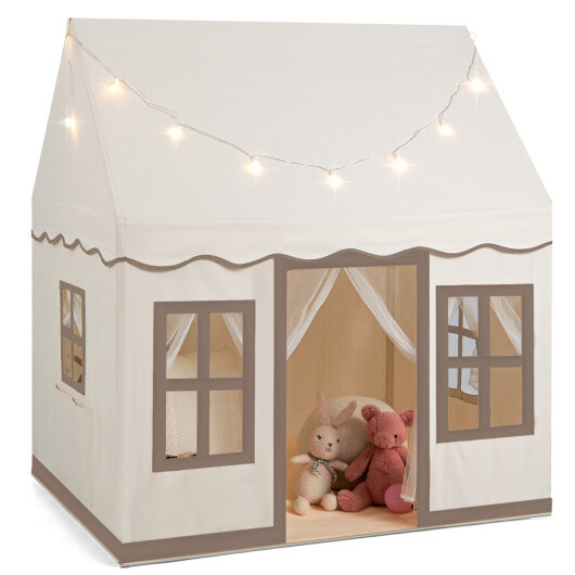 Toddler Large Playhouse with Star String Lights-Brown - Color: Brown