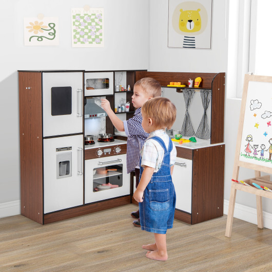 Wooden Corner Play Kitchen with Water Circulation System and Lights-Brown - Color: Brown - Image 2