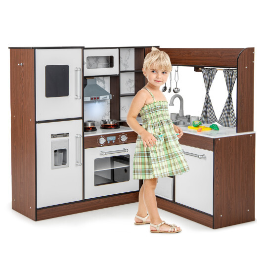 Wooden Corner Play Kitchen with Water Circulation System and Lights-Brown - Color: Brown - Image 3