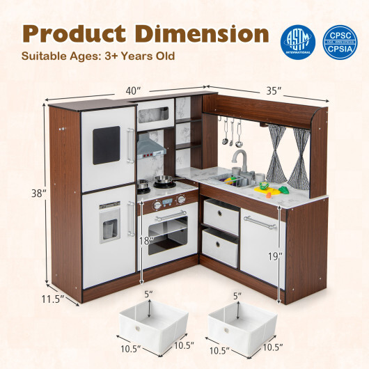 Wooden Corner Play Kitchen with Water Circulation System and Lights-Brown - Color: Brown - Image 4