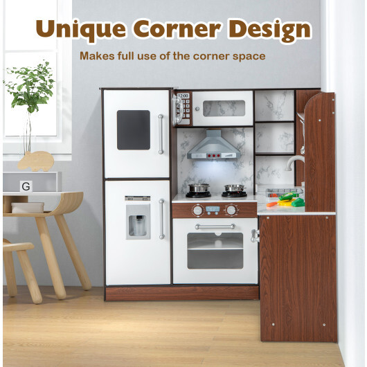 Wooden Corner Play Kitchen with Water Circulation System and Lights-Brown - Color: Brown - Image 5