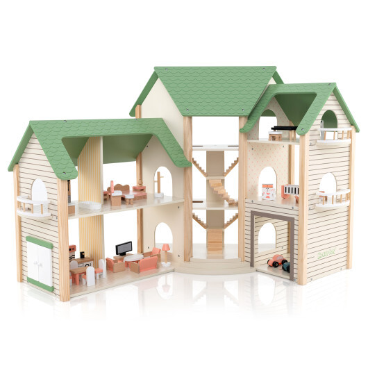 Wooden Corner Dollhouse Playset with 6 Rooms and 36 Pieces for Kids 3+ Years Old-Green - Color: Green
