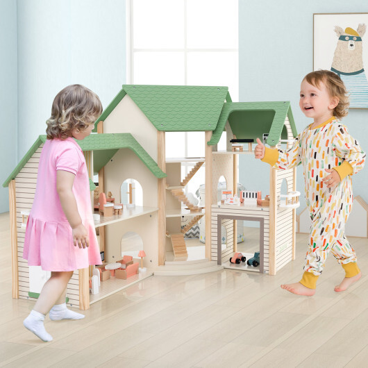 Wooden Corner Dollhouse Playset with 6 Rooms and 36 Pieces for Kids 3+ Years Old-Green - Color: Green - Image 2