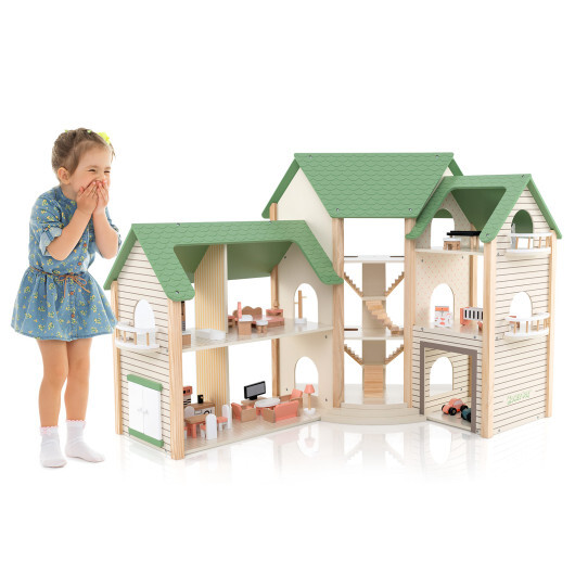 Wooden Corner Dollhouse Playset with 6 Rooms and 36 Pieces for Kids 3+ Years Old-Green - Color: Green - Image 4