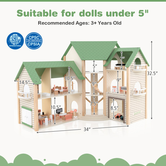 Wooden Corner Dollhouse Playset with 6 Rooms and 36 Pieces for Kids 3+ Years Old-Green - Color: Green - Image 5