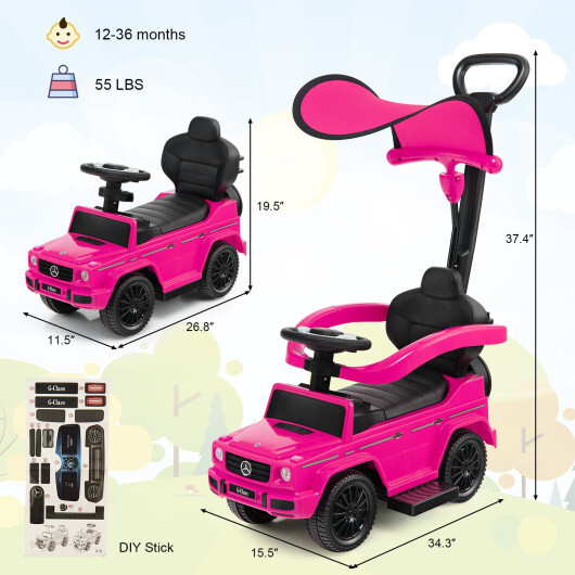 3-In-1 Ride on Push Car Mercedes Benz G350 Stroller Sliding Car with Canopy-Pink - Color: Pink - Image 4