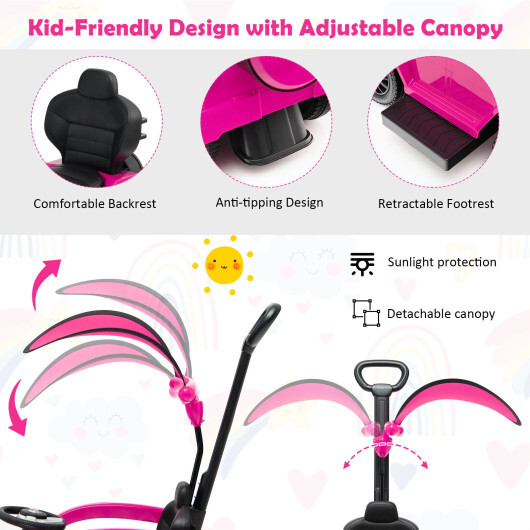 3-In-1 Ride on Push Car Mercedes Benz G350 Stroller Sliding Car with Canopy-Pink - Color: Pink - Image 5