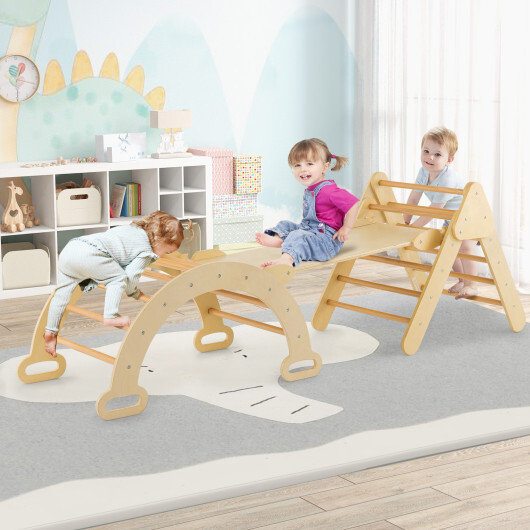 2-in-1 Wooden Kids Climber Toys with Triangle Arch Ramp-Natural - Color: Natural - Image 2