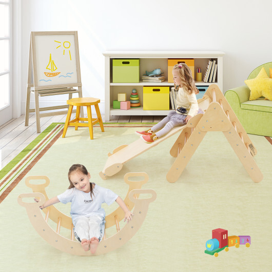 2-in-1 Wooden Kids Climber Toys with Triangle Arch Ramp-Natural - Color: Natural - Image 3
