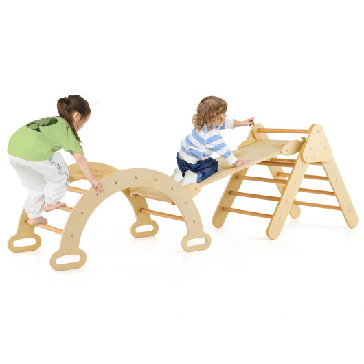 2-in-1 Wooden Kids Climber Toys with Triangle Arch Ramp-Natural - Color: Natural - Image 4