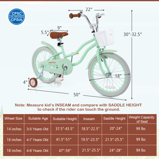 18 Inch Kids Bike with Adjustable Seat and Bell for Kids 3-8 Years Olds-18 inches - Color: Green - Size: 18 inches - Image 5