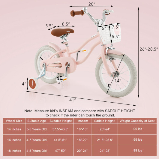 14 Inch Kid's Bike with Removable Training Wheels and Basket-Pink - Color: Pink - Size: 14 inches - Image 3