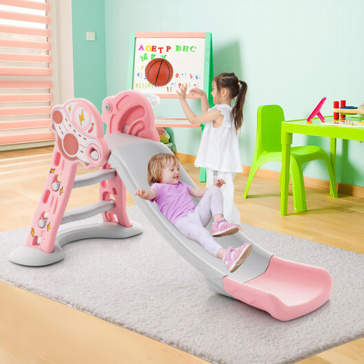 3-in-1 Folding Slide Playset with Basketball Hoop and Small Basketball-Pink - Color: Pink - Image 2