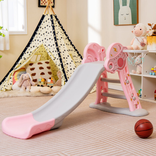 3-in-1 Folding Slide Playset with Basketball Hoop and Small Basketball-Pink - Color: Pink - Image 3