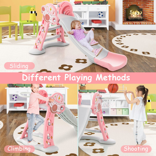 3-in-1 Folding Slide Playset with Basketball Hoop and Small Basketball-Pink - Color: Pink - Image 5