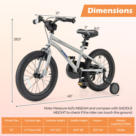 16-Inch Kids Bike Bicycle for Boys Girls 4-7 Adjustable with High Carbon Steel Frame-16 inches - Color: Silver - Size: 16 inches - Image 2